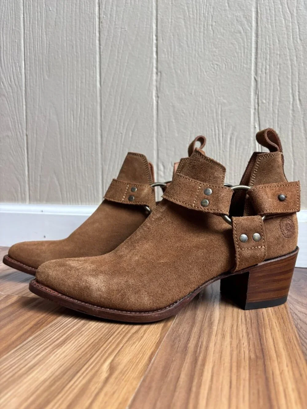 Ranch Road Azalea Harness Suede Leather Heeled Boots Booties Made in Spain